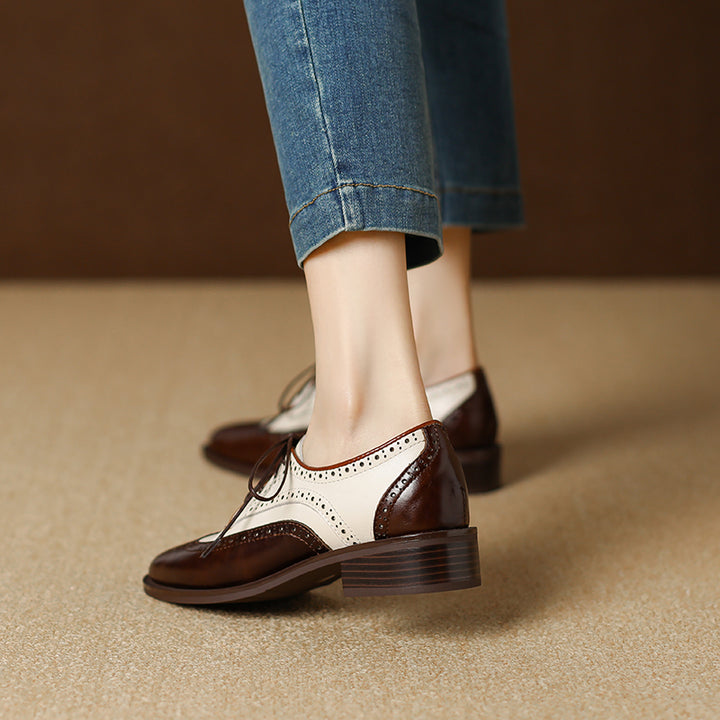 Retro Women's Color-Block Brogue Oxford Lace-Up Shoes – Elegant Design