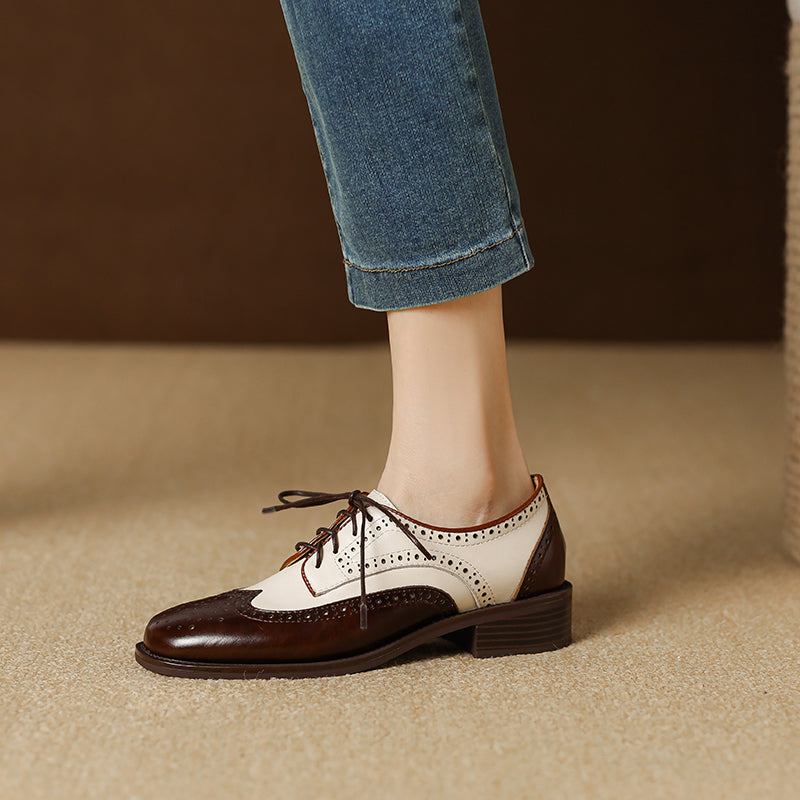 Retro Women's Color-Block Brogue Oxford Lace-Up Shoes – Elegant Design