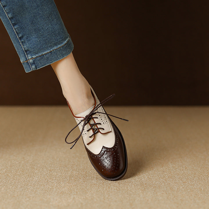 Retro Women's Color-Block Brogue Oxford Lace-Up Shoes – Elegant Design