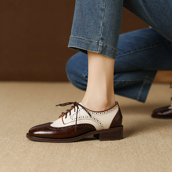 Retro Women's Color-Block Brogue Oxford Lace-Up Shoes – Elegant Design