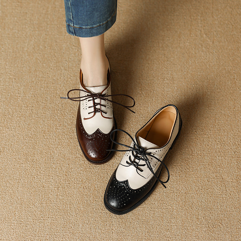 Retro Women's Color-Block Brogue Oxford Lace-Up Shoes – Elegant Design