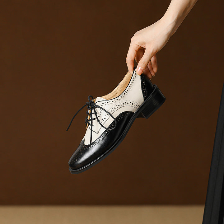 Retro Women's Color-Block Brogue Oxford Lace-Up Shoes – Elegant Design