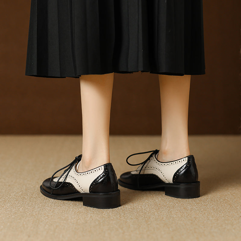 Retro Women's Color-Block Brogue Oxford Lace-Up Shoes – Elegant Design