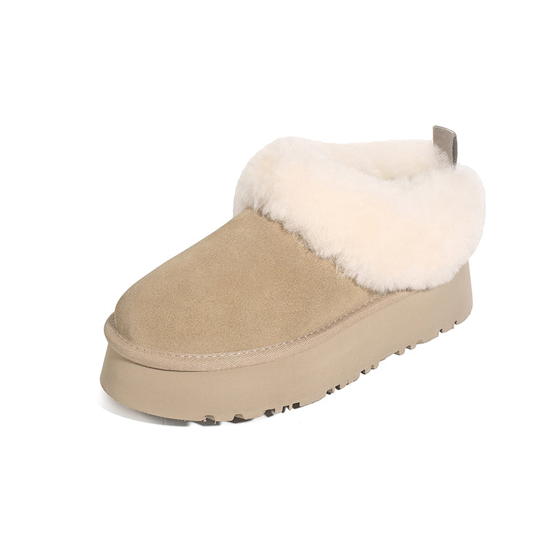 Women's Genuine Leather Platform Fleece-lined Winter Warm Snow Mules