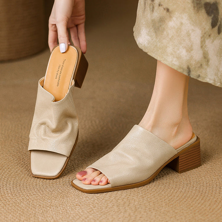 Women‘s Ruched Leather Square Toe Mules Minimalist Sheepskin Block Heel Sandals