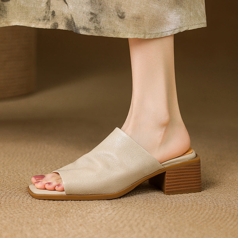 Women‘s Ruched Leather Square Toe Mules Minimalist Sheepskin Block Heel Sandals