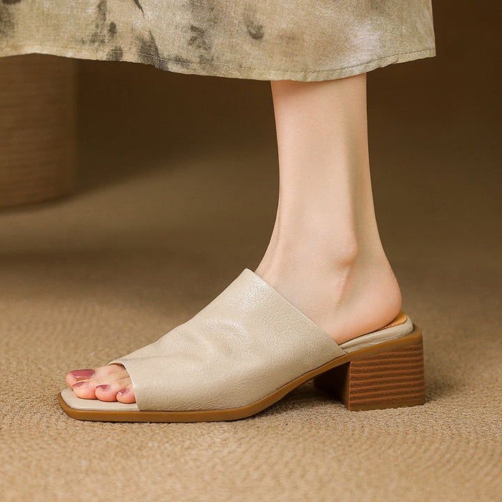 Women‘s Ruched Leather Square Toe Mules Minimalist Sheepskin Block Heel Sandals