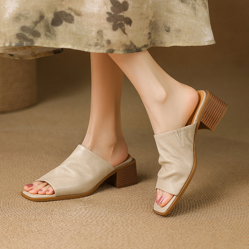 Women‘s Ruched Leather Square Toe Mules Minimalist Sheepskin Block Heel Sandals