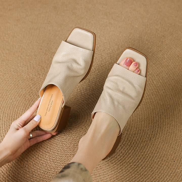 Women‘s Ruched Leather Square Toe Mules Minimalist Sheepskin Block Heel Sandals