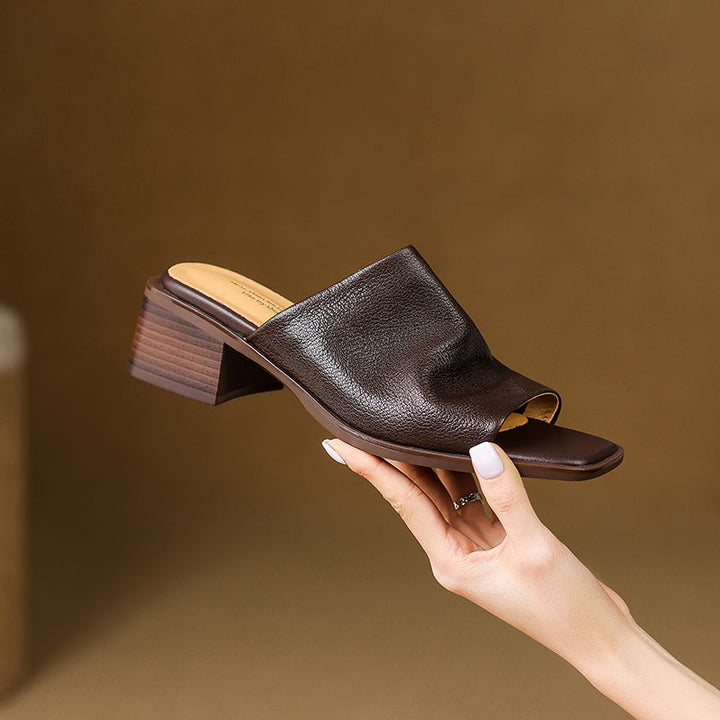 Women‘s Ruched Leather Square Toe Mules Minimalist Sheepskin Block Heel Sandals