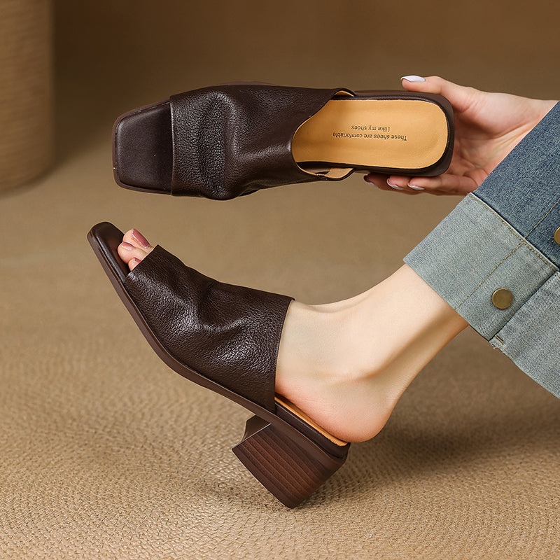 Women‘s Ruched Leather Square Toe Mules Minimalist Sheepskin Block Heel Sandals