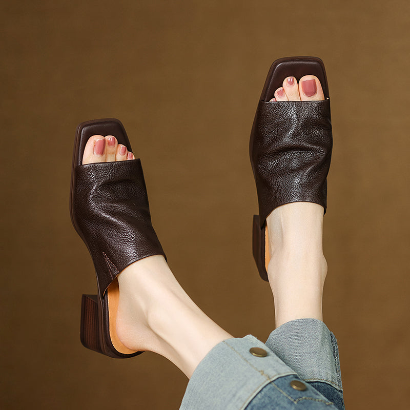 Women‘s Ruched Leather Square Toe Mules Minimalist Sheepskin Block Heel Sandals
