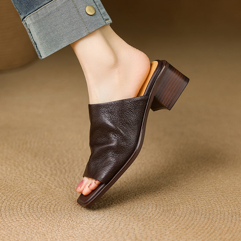 Women‘s Ruched Leather Square Toe Mules Minimalist Sheepskin Block Heel Sandals