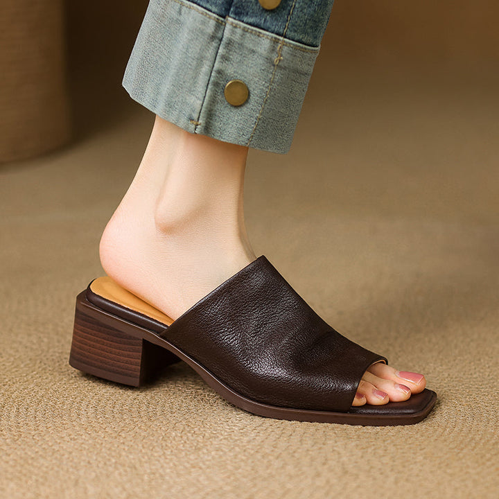 Women‘s Ruched Leather Square Toe Mules Minimalist Sheepskin Block Heel Sandals