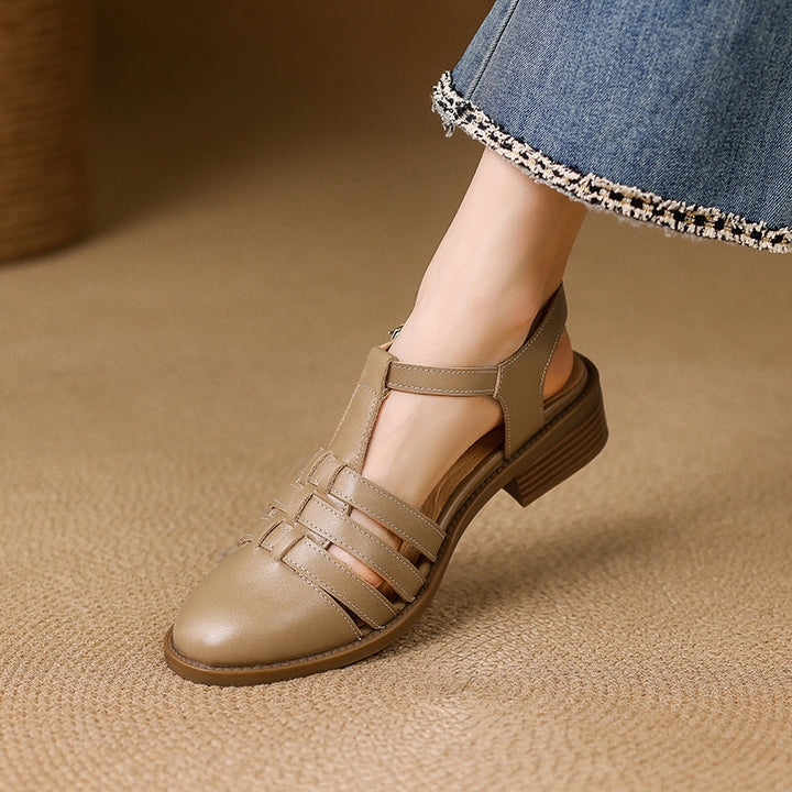 Women's Hand-woven Leather Sandals - Breathable Fisherman Mary Janes - 3.5cm Heel