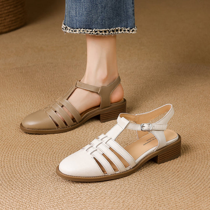 Women's Hand-woven Leather Sandals - Breathable Fisherman Mary Janes - 3.5cm Heel