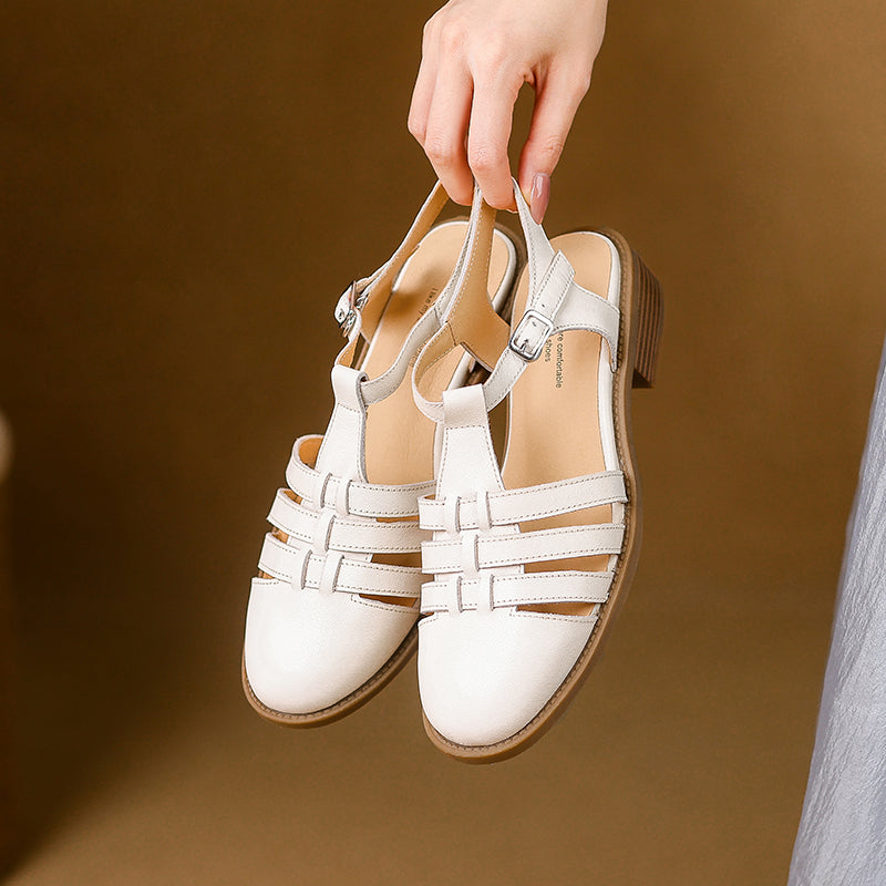 Women's Hand-woven Leather Sandals - Breathable Fisherman Mary Janes - 3.5cm Heel