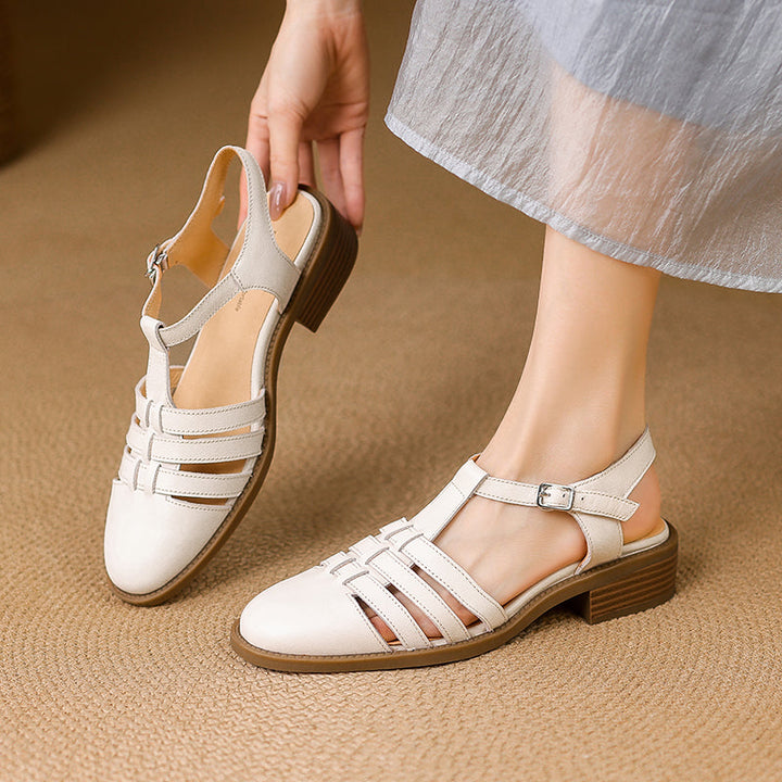 Women's Hand-woven Leather Sandals - Breathable Fisherman Mary Janes - 3.5cm Heel