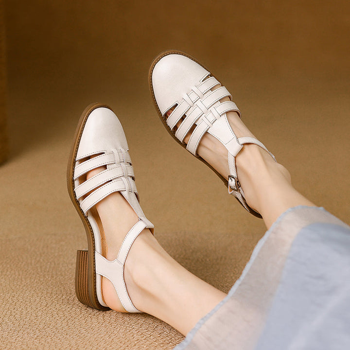 Women's Hand-woven Leather Sandals - Breathable Fisherman Mary Janes - 3.5cm Heel