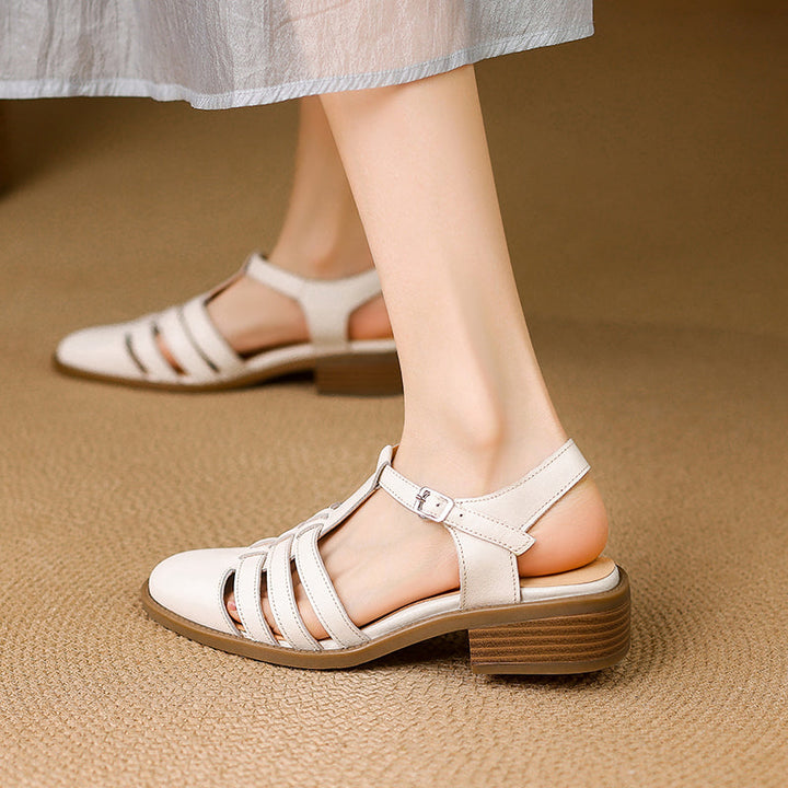 Women's Hand-woven Leather Sandals - Breathable Fisherman Mary Janes - 3.5cm Heel