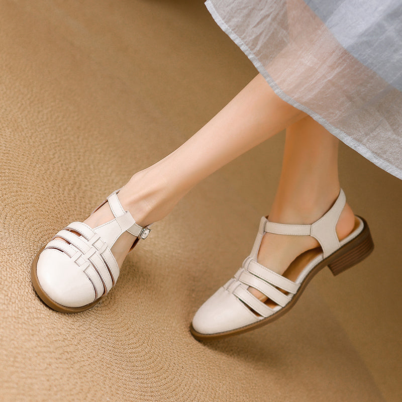 Women's Hand-woven Leather Sandals - Breathable Fisherman Mary Janes - 3.5cm Heel