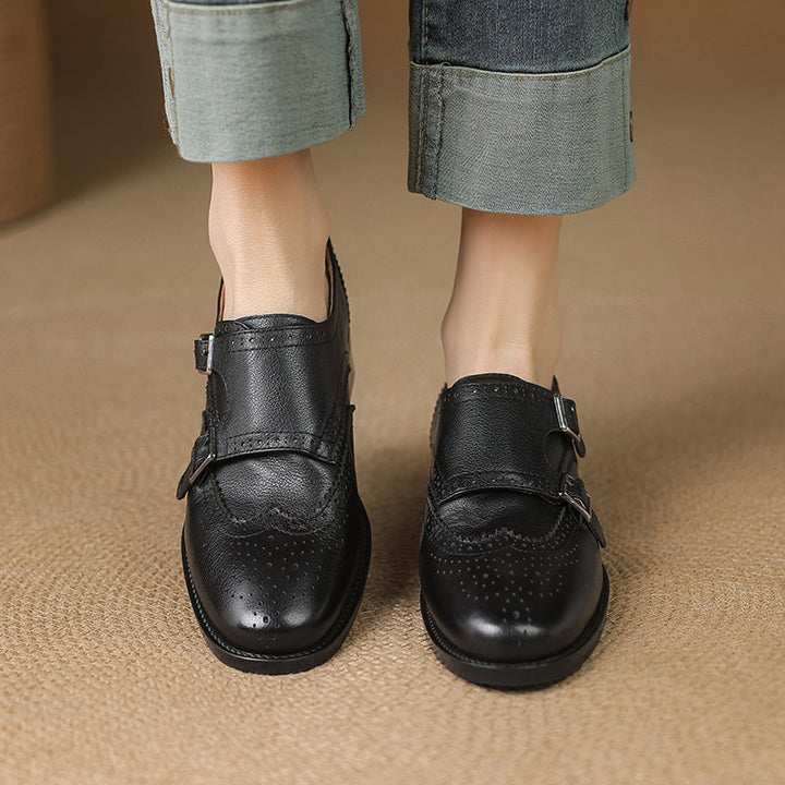 Women's Leather Double Monk Strap Brogue Loafers Vintage Wingtip Commuter Flats