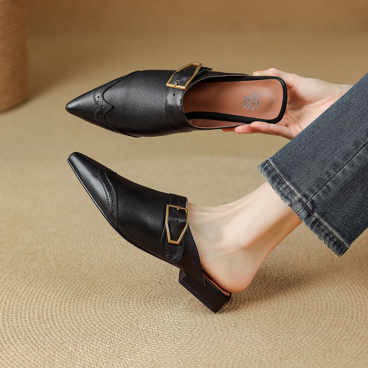 Women's Brogue Vintage Wingtip Pointed Mules - Luxury Leather Slip-on Flats
