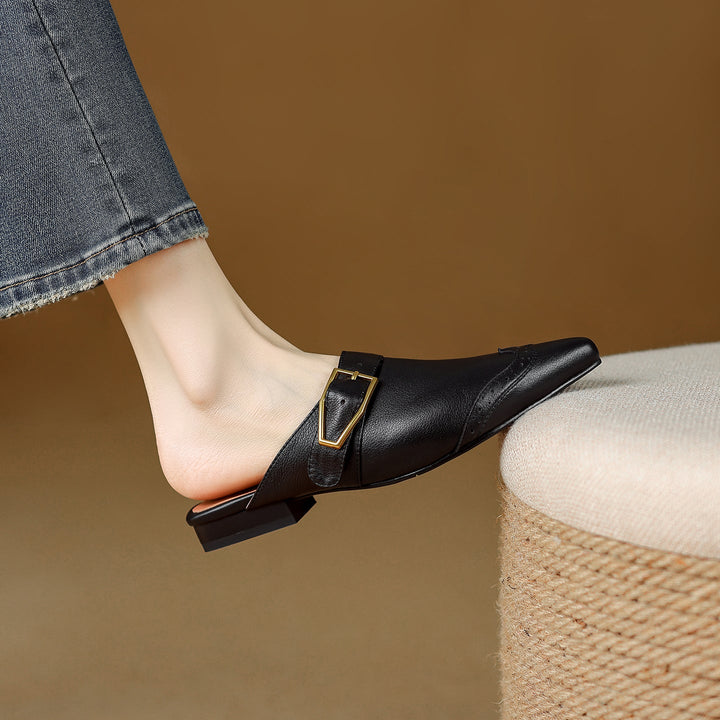 Women's Brogue Vintage Wingtip Pointed Mules - Luxury Leather Slip-on Flats