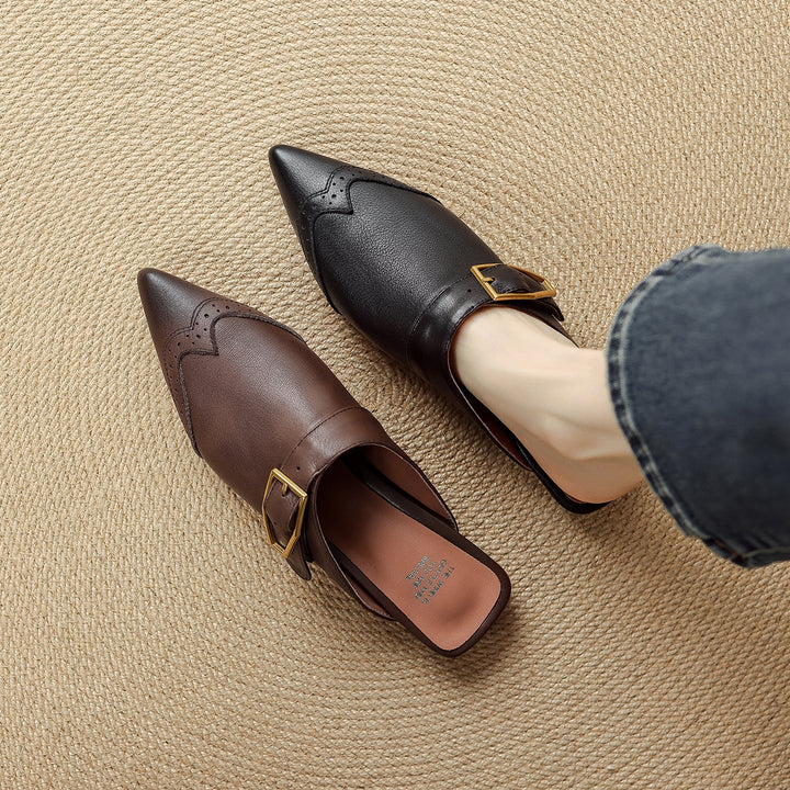 Women's Brogue Vintage Wingtip Pointed Mules - Luxury Leather Slip-on Flats