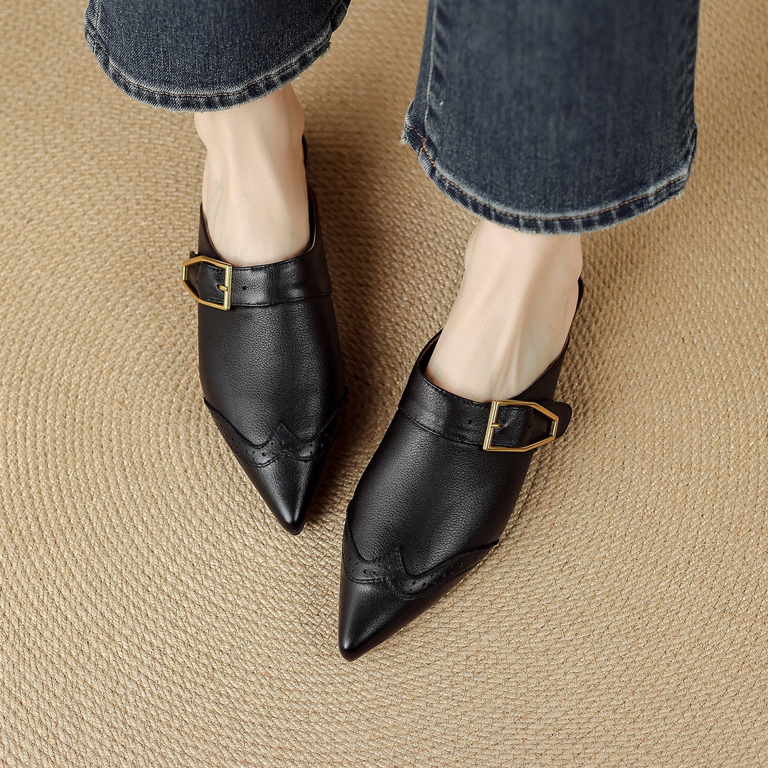 Women's Brogue Vintage Wingtip Pointed Mules - Luxury Leather Slip-on Flats