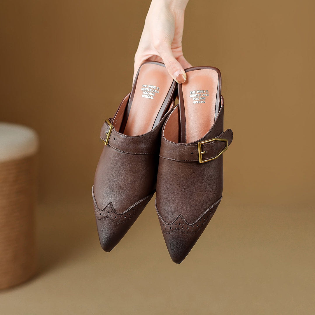 Women's Brogue Vintage Wingtip Pointed Mules - Luxury Leather Slip-on Flats