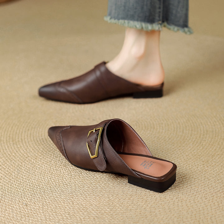 Women's Brogue Vintage Wingtip Pointed Mules - Luxury Leather Slip-on Flats