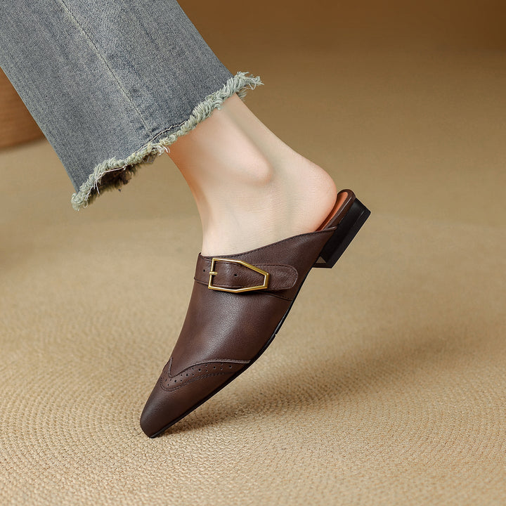 Women's Brogue Vintage Wingtip Pointed Mules - Luxury Leather Slip-on Flats