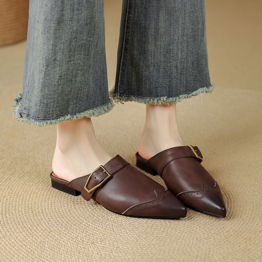 Women's Brogue Vintage Wingtip Pointed Mules - Luxury Leather Slip-on Flats