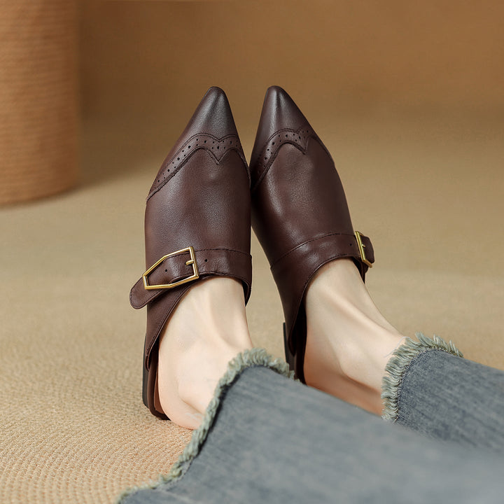 Women's Brogue Vintage Wingtip Pointed Mules - Luxury Leather Slip-on Flats