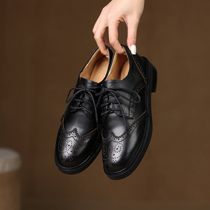 Women's Leather Brogue Shoes Loafers - Classic Lace-up Wingtip Flats
