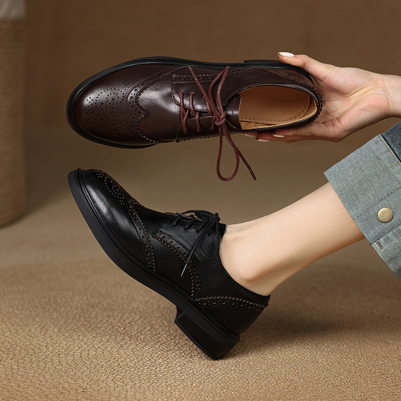 Women's Classic Leather Brogue Lace-Up Oxford Shoes – Vintage Style