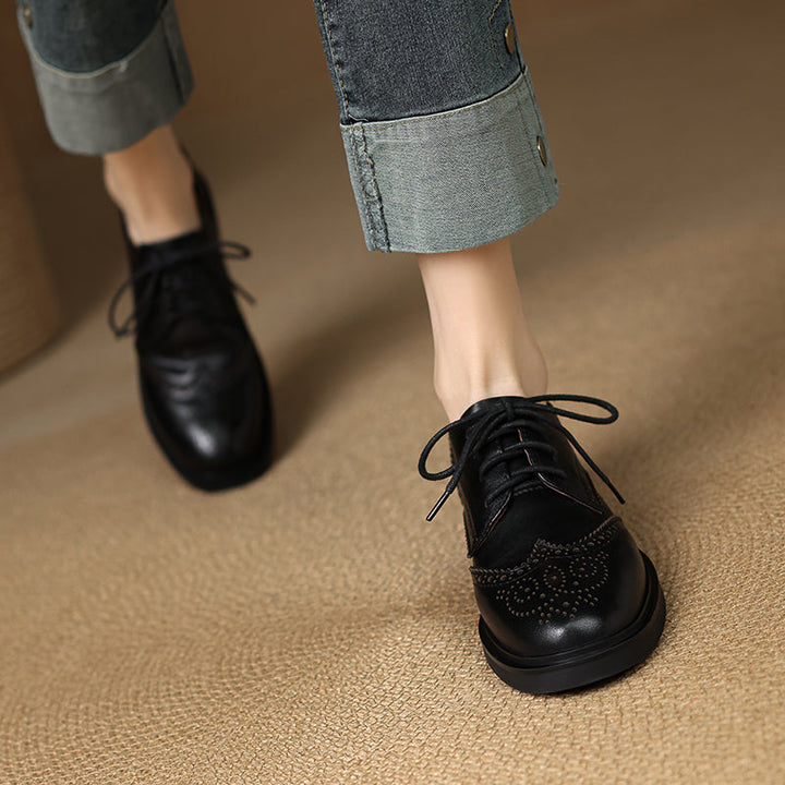 Women's Leather Brogue Shoes Loafers - Classic Lace-up Wingtip Flats