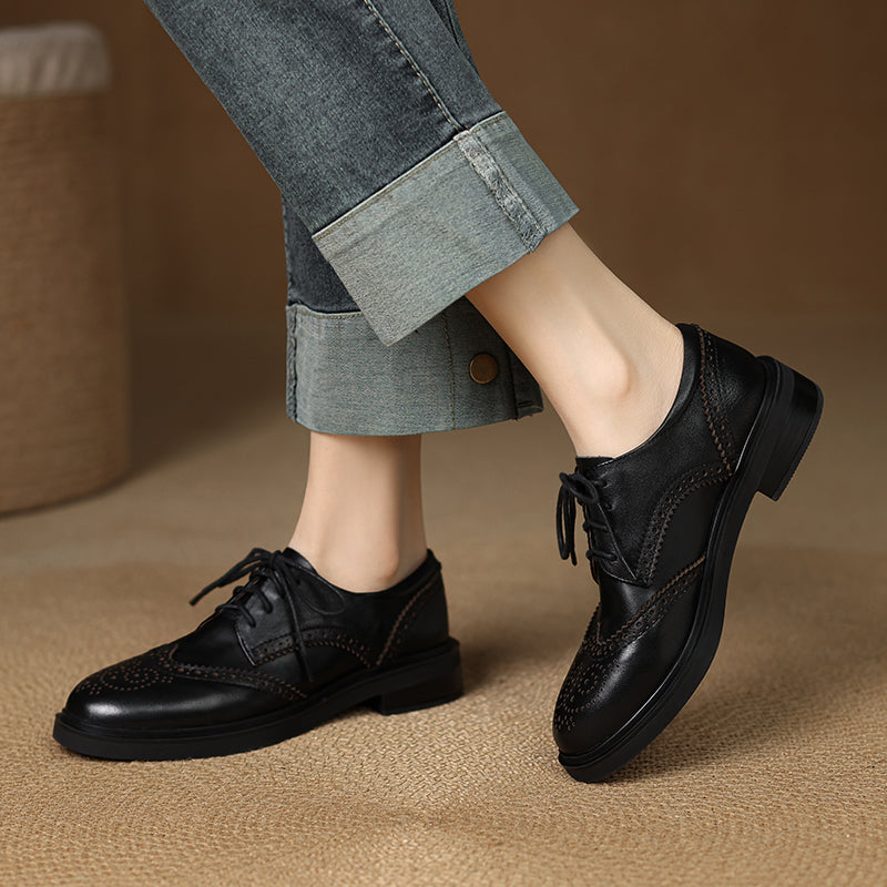 Women's Leather Brogue Shoes Loafers - Classic Lace-up Wingtip Flats