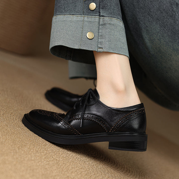 Women's Leather Brogue Shoes Loafers - Classic Lace-up Wingtip Flats