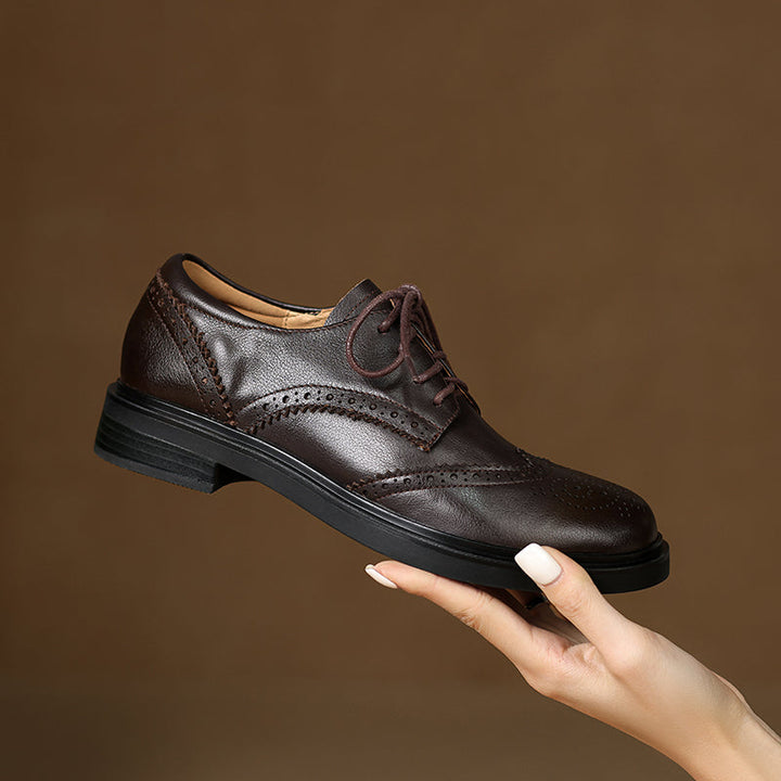 Women's Leather Brogue Shoes Loafers - Classic Lace-up Wingtip Flats
