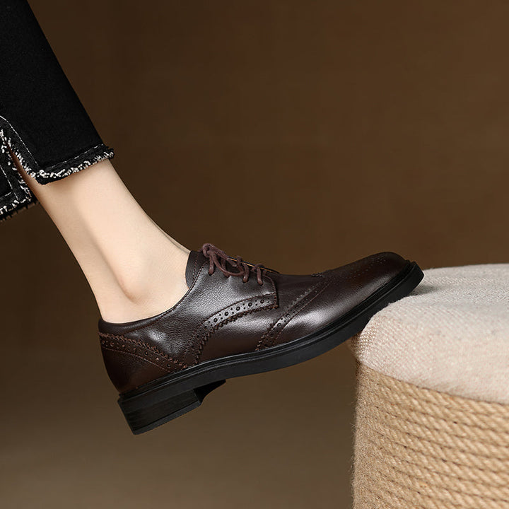 Women's Leather Brogue Shoes Loafers - Classic Lace-up Wingtip Flats