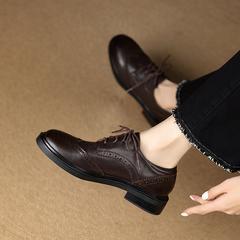 Women's Leather Brogue Shoes Loafers - Classic Lace-up Wingtip Flats