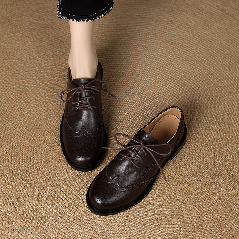 Women's Leather Brogue Shoes Loafers - Classic Lace-up Wingtip Flats