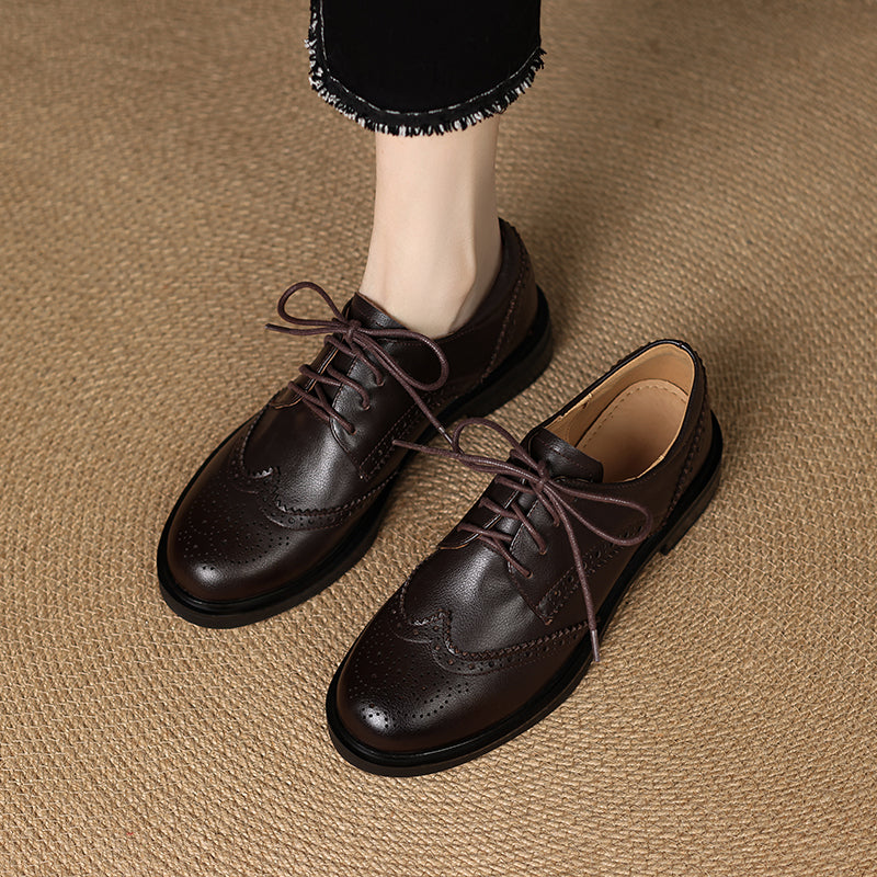 Women's Leather Brogue Shoes Loafers - Classic Lace-up Wingtip Flats