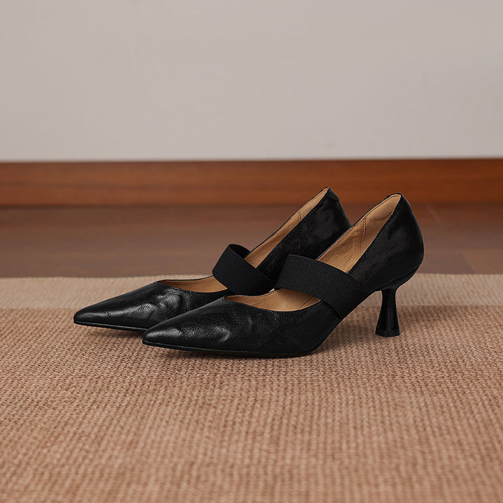 Women's French Style Sheepskin Pumps - Pointed Toe Elastic Strap Heels - 6.5cm Stiletto