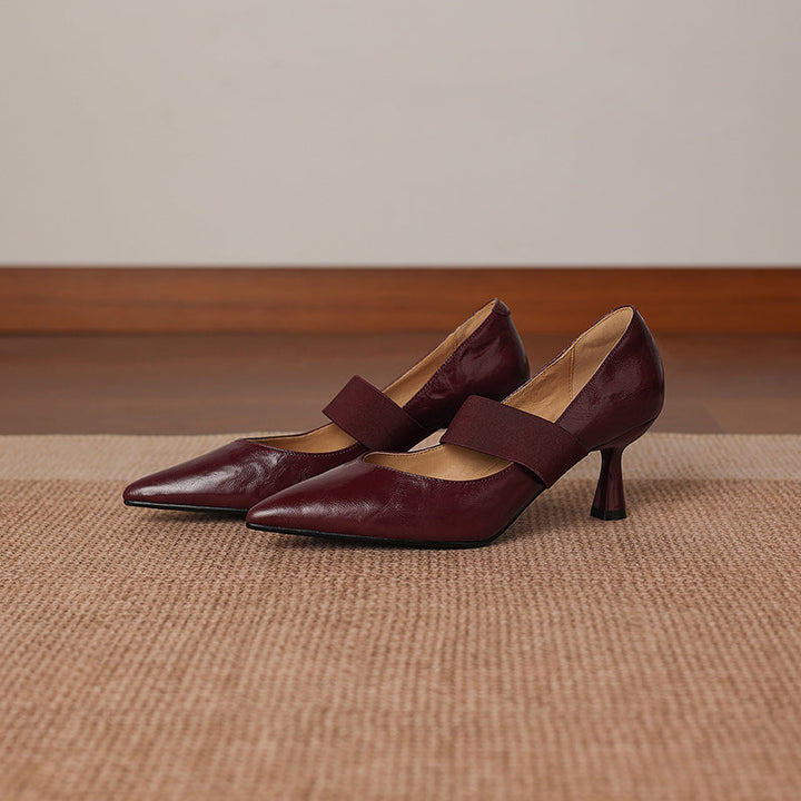 Women's French Style Sheepskin Pumps - Pointed Toe Elastic Strap Heels - 6.5cm Stiletto