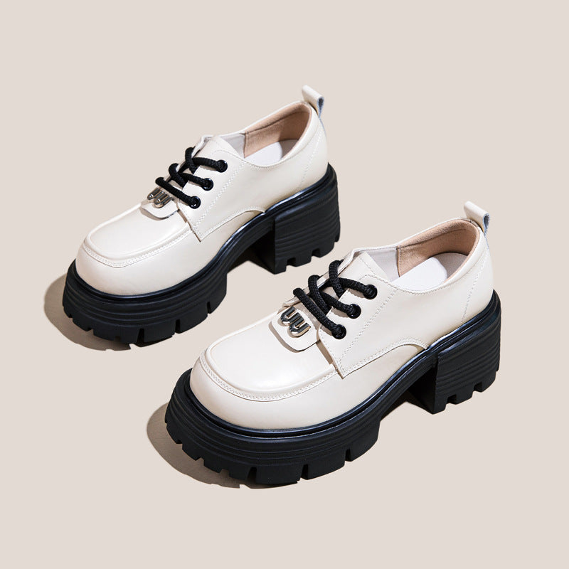 Women's Leather Platform Oxfords - Gothic Lug Sole 7cm Block Chunky High Heel  Lace-Up Shoes