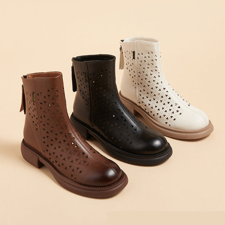 Women‘s Retro Ankle Summer Sandals Boots Vintage Round Toe Cutout Perforated Chunky Heels