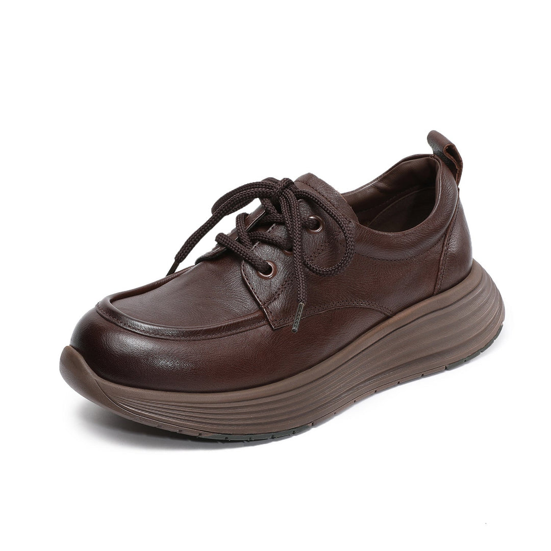 Women’s Leather Lace-Up Platform Wedge Shoes – Retro Non-Slip Casual Style